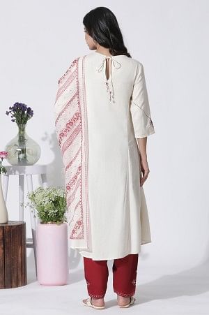 White Flared Mirror Work Kurta, Embroidered Salwar With Dupatta Set