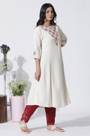 White Flared Mirror Work Kurta, Embroidered Salwar With Dupatta Set