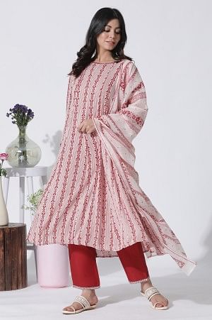 White &amp; Red Printed Flared Kurta, Cotton Pants With Dupatta Set