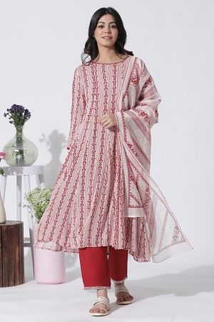 White &amp; Red Printed Flared Kurta, Cotton Pants With Dupatta Set