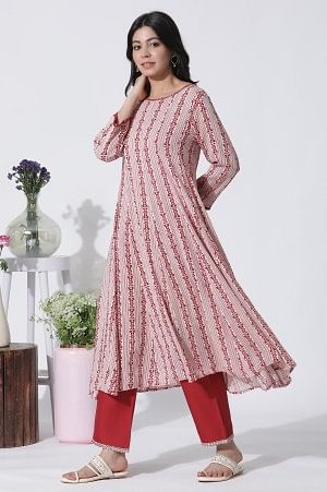 White &amp; Red Printed Flared Kurta, Cotton Pants With Dupatta Set