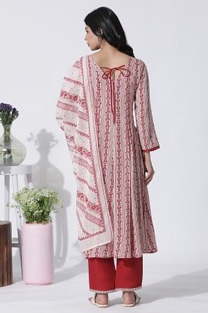 White &amp; Red Printed Flared Kurta, Cotton Pants With Dupatta Set