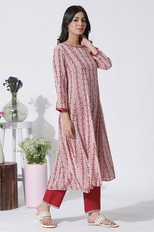 White &amp; Red Printed Flared Kurta, Cotton Pants With Dupatta Set