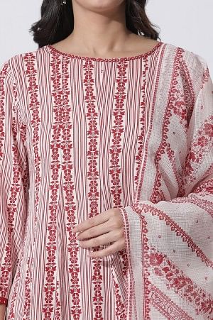 White &amp; Red Printed Flared Kurta, Cotton Pants With Dupatta Set