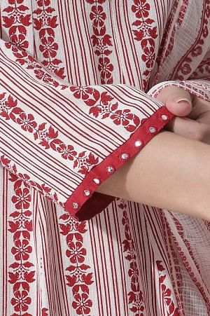 White &amp; Red Printed Flared Kurta, Cotton Pants With Dupatta Set