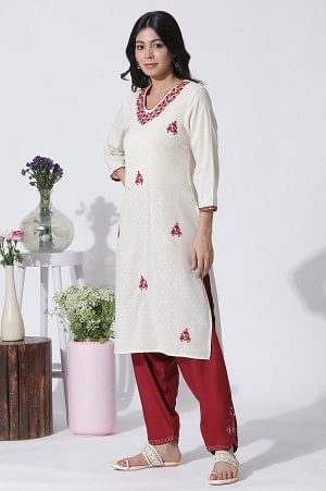 White Embroidered Cotton Kurta, Salwar With Dupatta Set