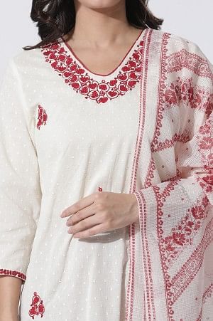 White Embroidered Cotton Kurta, Salwar With Dupatta Set