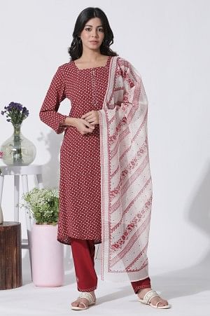 Red Printed Mirror Work Straight Kurta, Salwar With Dupatta Set