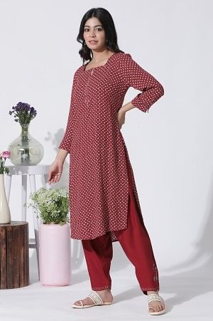 Red Printed Mirror Work Straight Kurta, Salwar With Dupatta Set