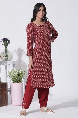 Red Printed Mirror Work Straight Kurta, Salwar With Dupatta Set