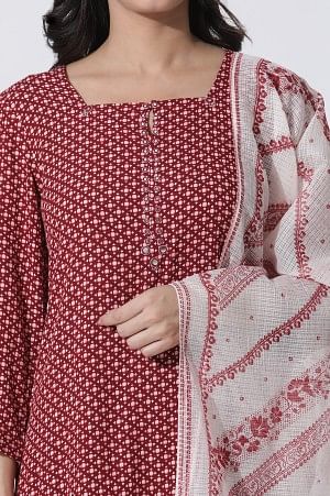 Red Printed Mirror Work Straight Kurta, Salwar With Dupatta Set