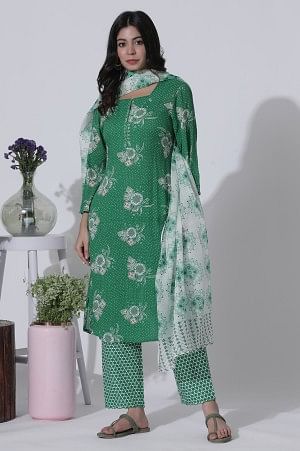 Green Floral Printed Straight Kurta, Pants With Dupatta Set