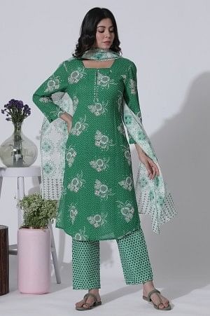 Green Floral Printed Straight Kurta, Pants With Dupatta Set