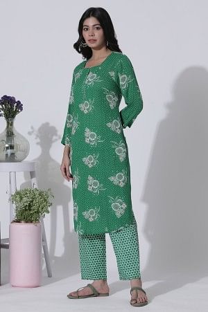 Green Floral Printed Straight Kurta, Pants With Dupatta Set