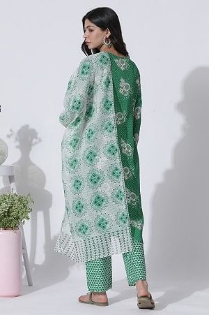 Green Floral Printed Straight Kurta, Pants With Dupatta Set