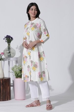 White Floral Printed Cotton Kurta And Straight Pants Set