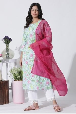 Blue Floral Printed Cotton Kurta, Straight Pants And Dupatta Set