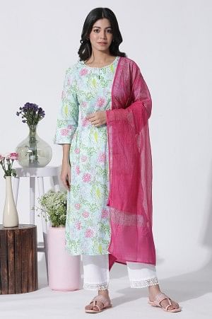 Blue Floral Printed Cotton Kurta, Straight Pants And Dupatta Set