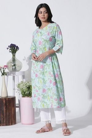 Blue Floral Printed Cotton Kurta, Straight Pants And Dupatta Set