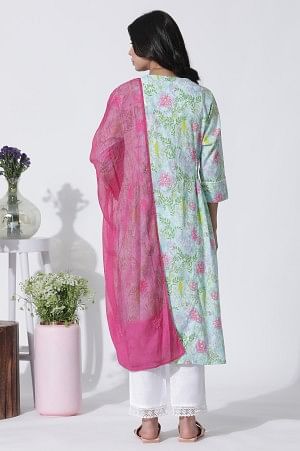 Blue Floral Printed Cotton Kurta, Straight Pants And Dupatta Set