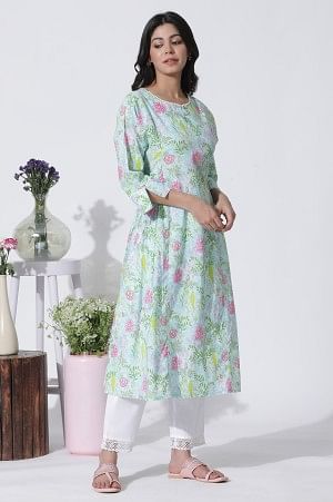 Blue Floral Printed Cotton Kurta, Straight Pants And Dupatta Set