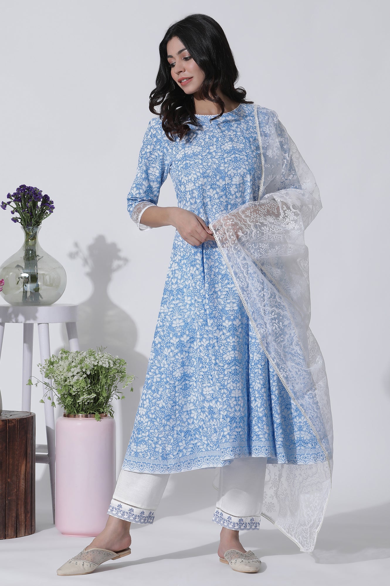 Light Blue Floral Printed Flared Kurta, Straight Pants And Dupatta Set - wforwoman