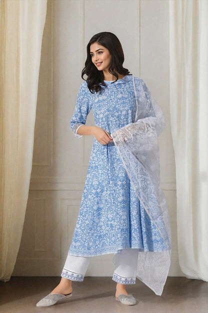 Light Blue Floral Printed Flared Kurta, Straight Pants And Dupatta Set