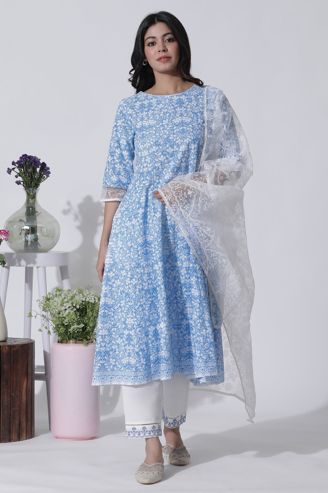 Light Blue Floral Printed Flared Kurta, Straight Pants And Dupatta Set - wforwoman