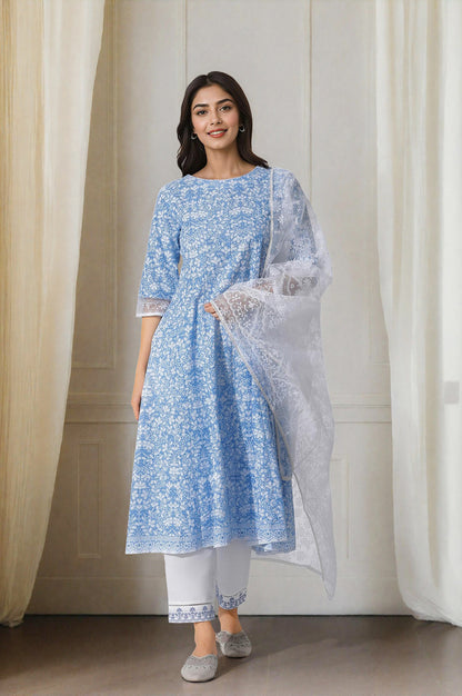 Light Blue Floral Printed Flared Kurta, Straight Pants And Dupatta Set