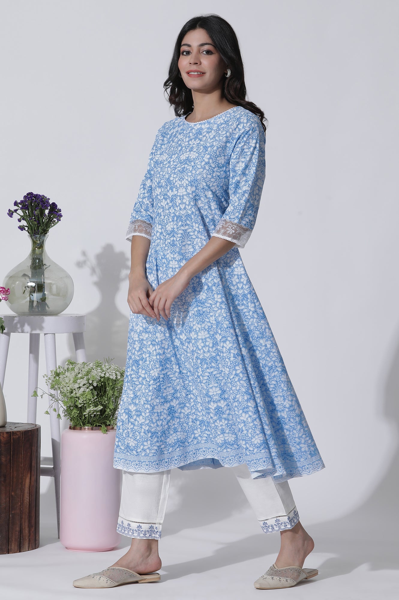 Light Blue Floral Printed Flared Kurta, Straight Pants And Dupatta Set - wforwoman