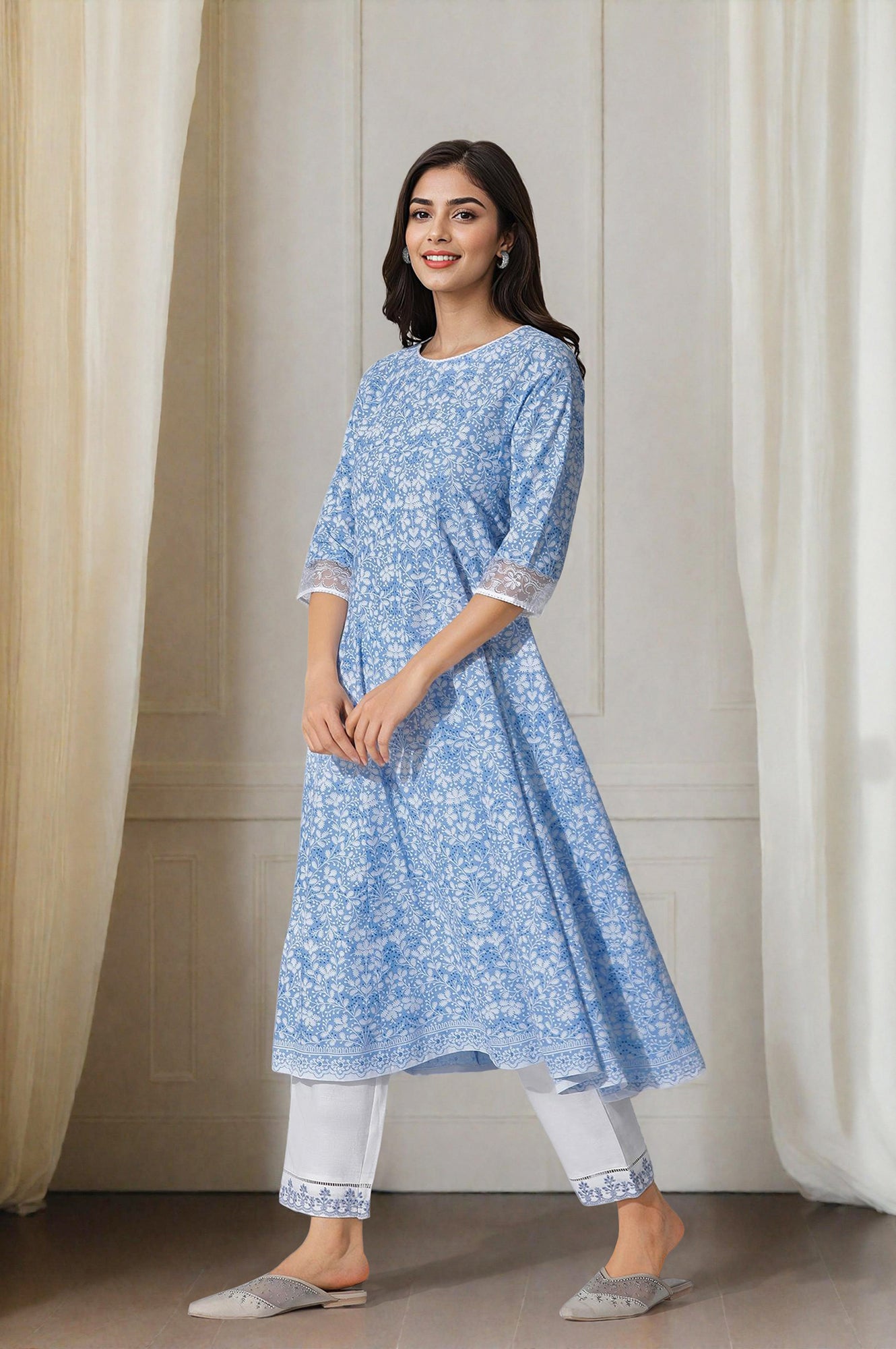 Light Blue Floral Printed Flared Kurta, Straight Pants And Dupatta Set