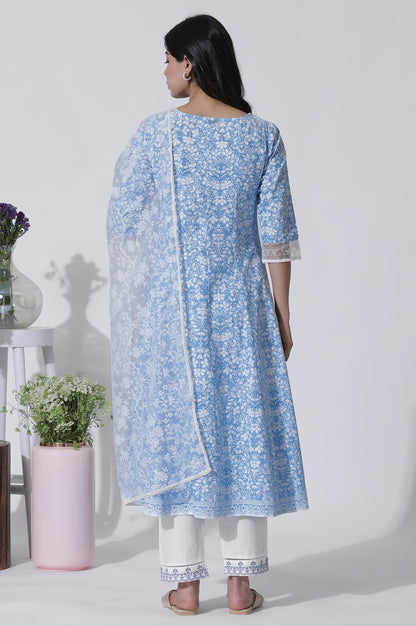 Light Blue Floral Printed Flared Kurta, Straight Pants And Dupatta Set - wforwoman