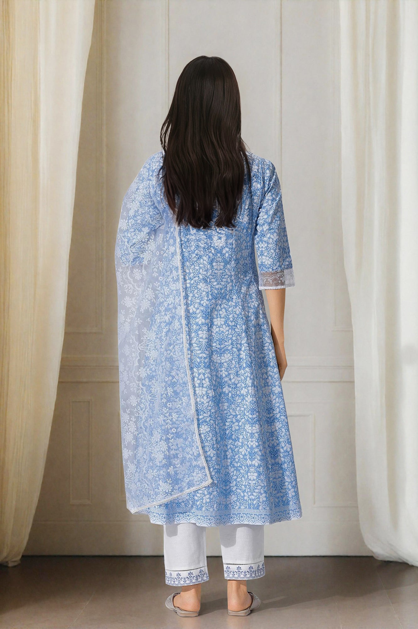 Light Blue Floral Printed Flared Kurta, Straight Pants And Dupatta Set