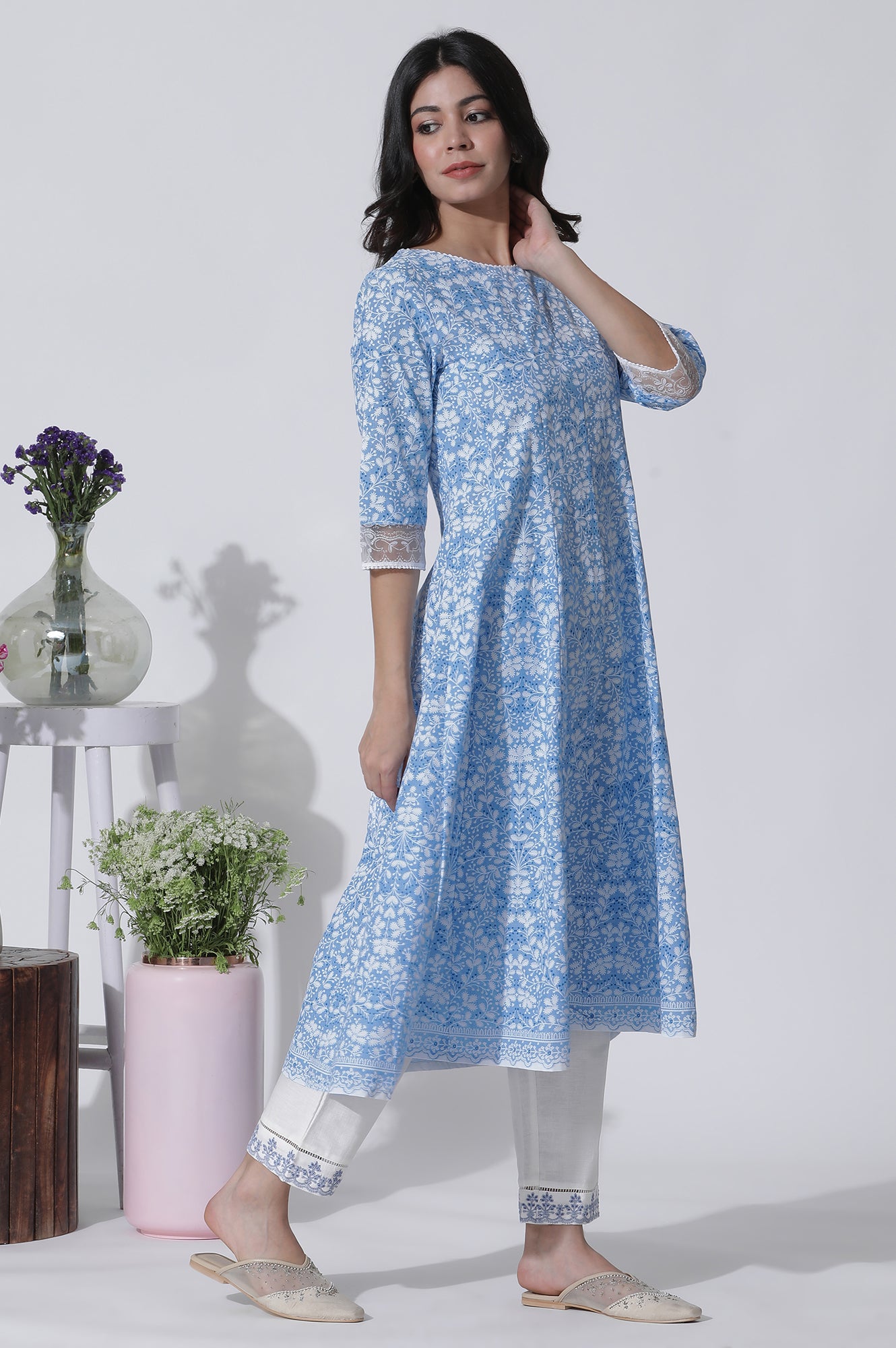 Light Blue Floral Printed Flared Kurta, Straight Pants And Dupatta Set - wforwoman