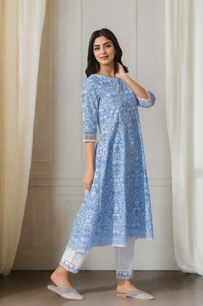 Light Blue Floral Printed Flared Kurta, Straight Pants And Dupatta Set