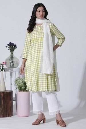 White &amp; Green Checker Cotton Kurta, Pants With Dupatta Set