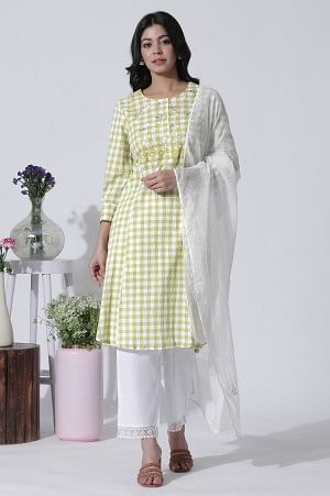 White &amp; Green Checker Cotton Kurta, Pants With Dupatta Set