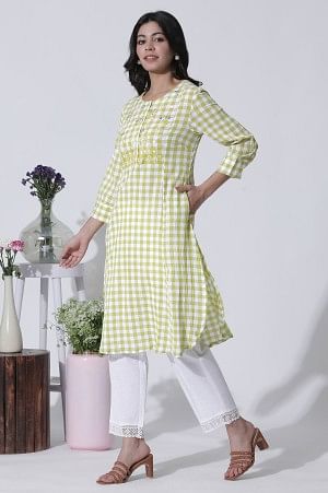 White &amp; Green Checker Cotton Kurta, Pants With Dupatta Set