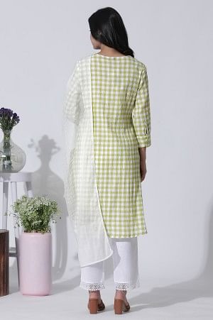 White &amp; Green Checker Cotton Kurta, Pants With Dupatta Set