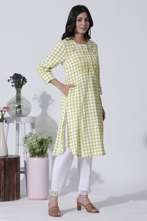 White &amp; Green Checker Cotton Kurta, Pants With Dupatta Set