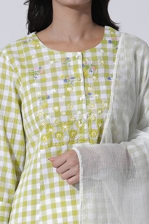 White &amp; Green Checker Cotton Kurta, Pants With Dupatta Set