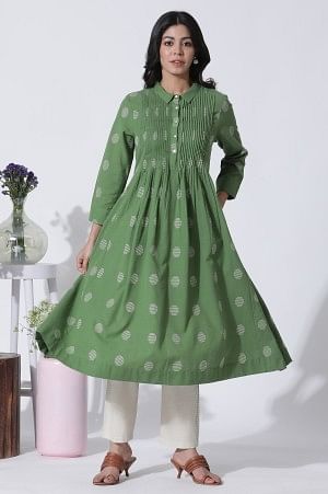 Green Dobby Polka Dot Dress And Pants Set