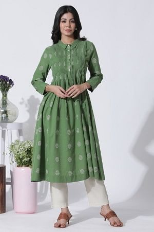 Green Dobby Polka Dot Dress And Pants Set