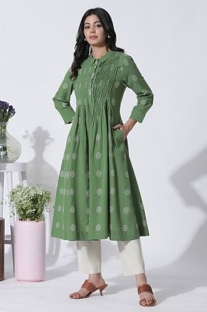 Green Dobby Polka Dot Dress And Pants Set