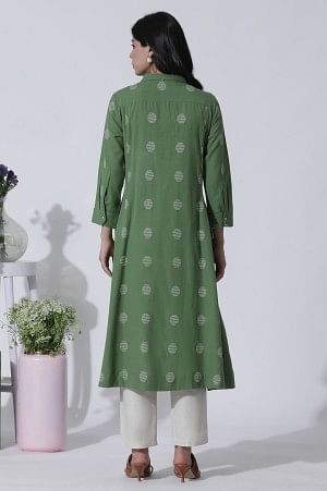 Green Dobby Polka Dot Dress And Pants Set