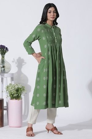 Green Dobby Polka Dot Dress And Pants Set