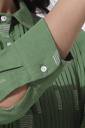 Green Dobby Polka Dot Dress And Pants Set