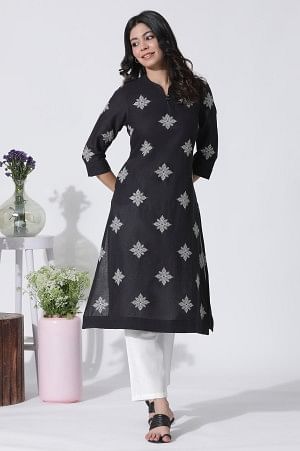 Black Cotton Flax Embroidered Kurta And Pants Set