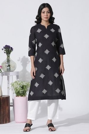 Black Cotton Flax Embroidered Kurta And Pants Set