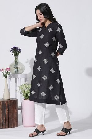 Black Cotton Flax Embroidered Kurta And Pants Set